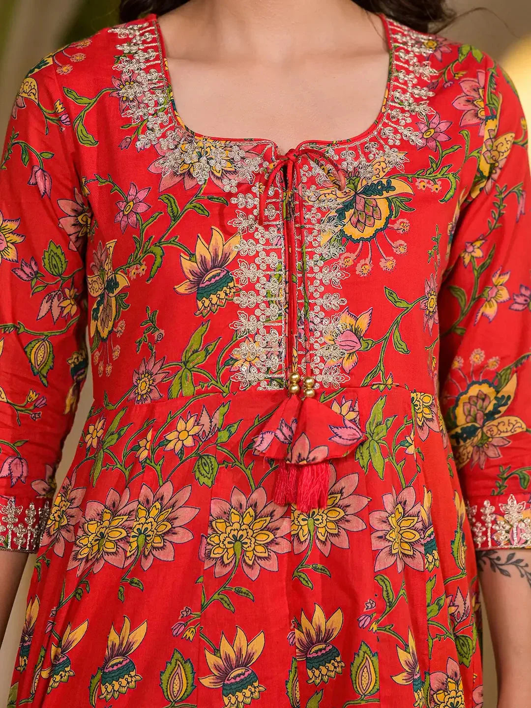 Yufta Red Dori Embroidery Voile Anarkali Kurta With Trousers With Dupatta Set - Swadesiicart
