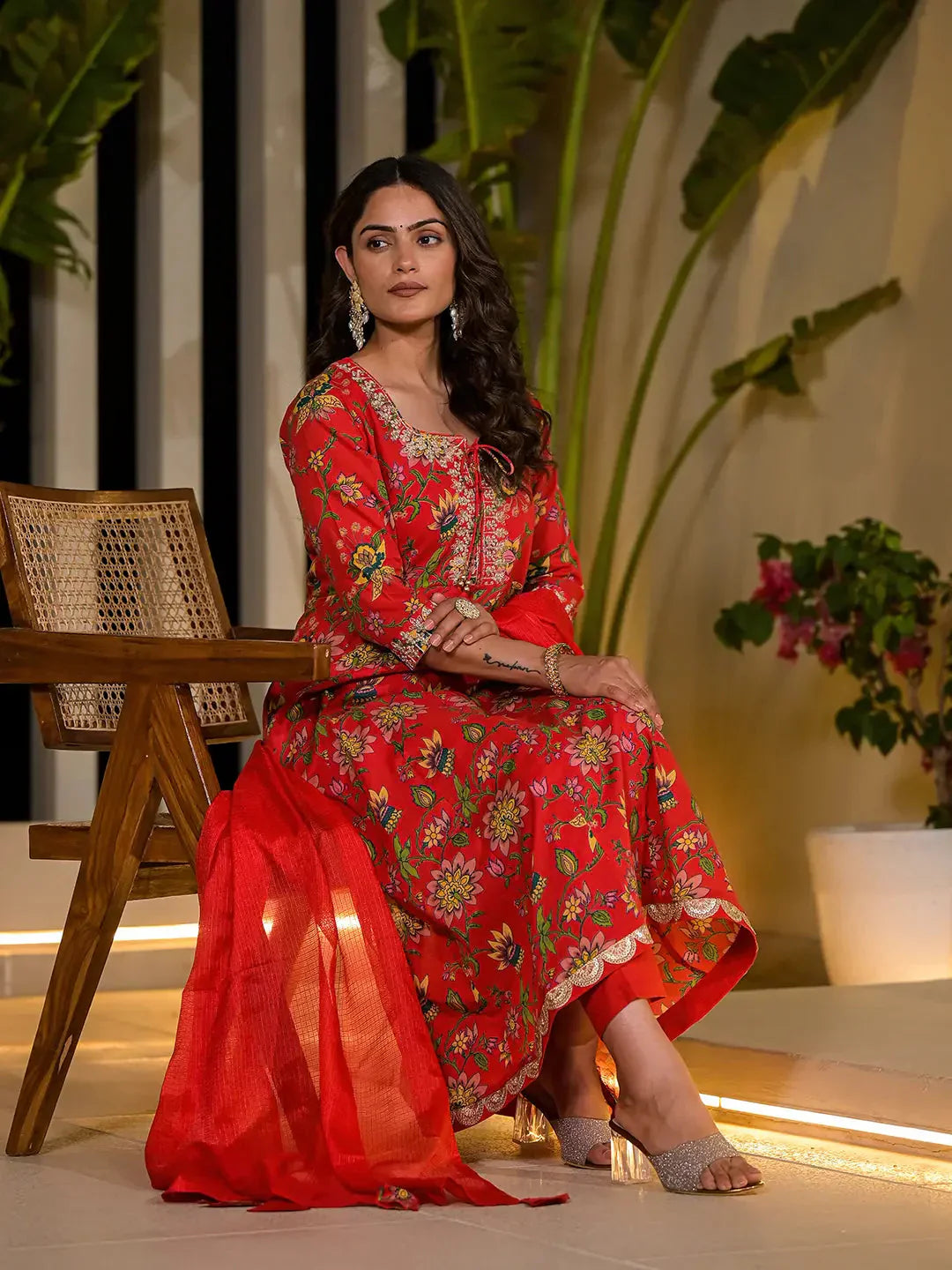 Yufta Red Dori Embroidery Voile Anarkali Kurta With Trousers With Dupatta Set - Swadesiicart
