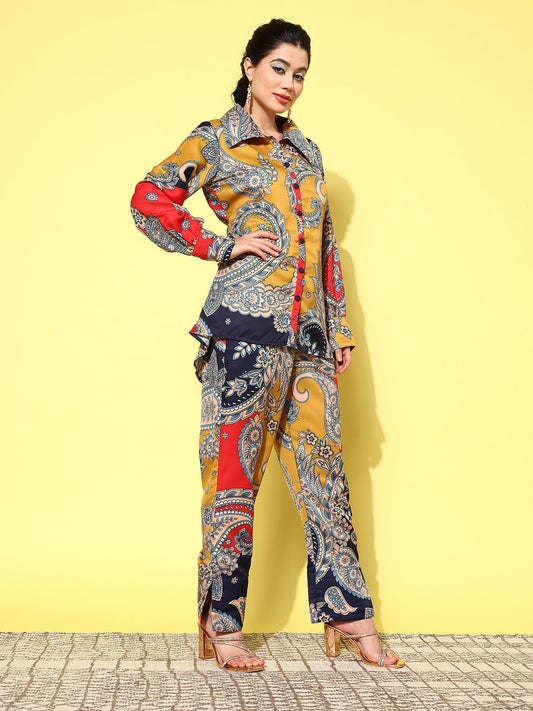 Yufta Red Paisley Printed Satin Co-Ords - Swadesiicart