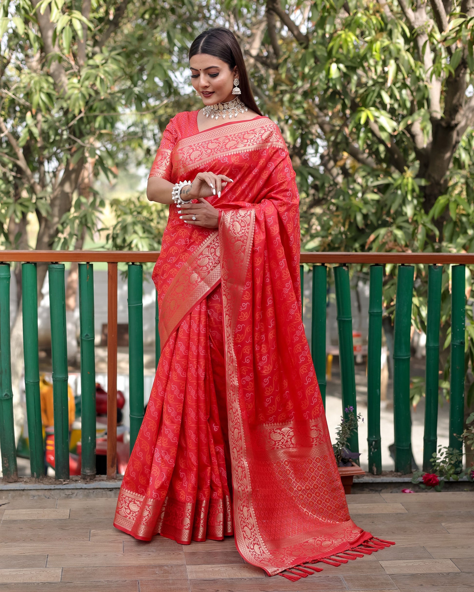 Lorenvalley Premium Bandhej Patola Silk Sarees with kanchi Borders and Contrast Zari Weaving borders Saree - Red - Swadesiicart