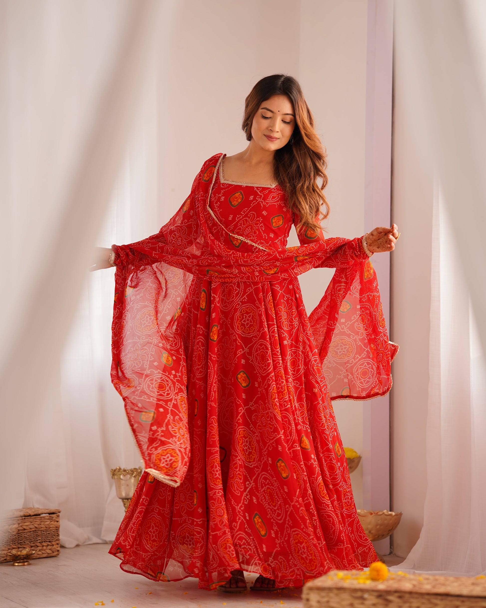 Lorenvalley Women Soft Lightweight Chiffon Bandhej Print Fabric Anarkali Kurta Pant With Dupatta Set - Swadesiicart