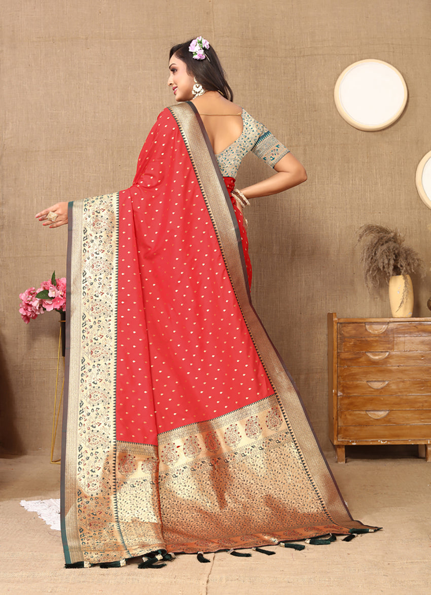 Lorenvalley Fashion Red Soft Silk weaving Design Rich Zari Weaving Saree - Swadesiicart
