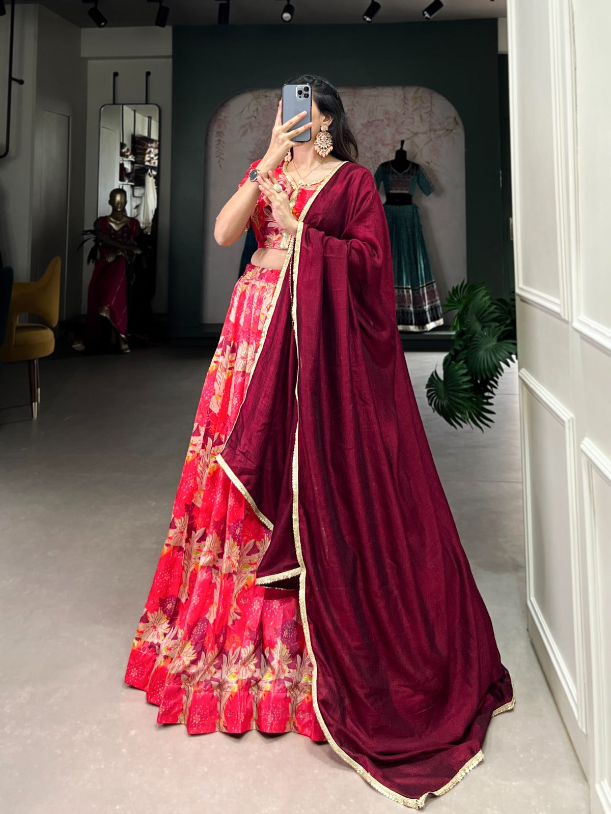 Lorenvalley Red Tussar Silk Printed Lehenga Choli | Swadesiicart