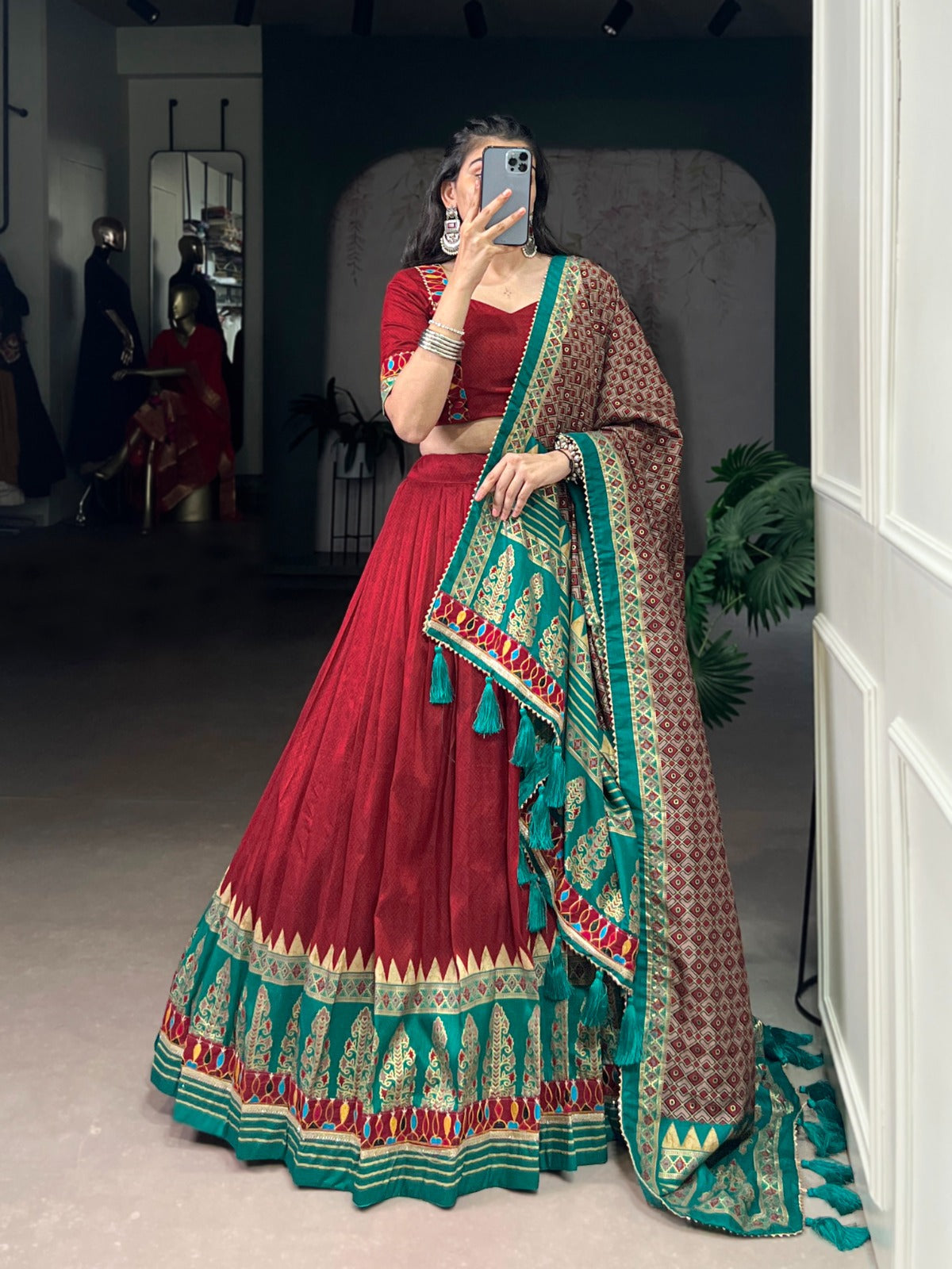 Lorenvalley Fashion Red Tasar Silk Print with Foil Work and Real Mirror Gamthi Work with Lace Touch Up Lehenga Choli with Dupatta | Swadesiicart