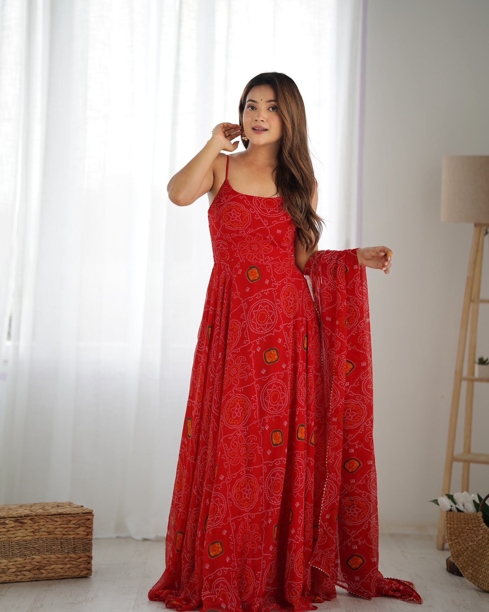 Lorenvalley Fashion Red Soft Chiffon Bandhej Fabric Print Fully Flair Anarkali With Pant Dupatta Set - Swadesiicart