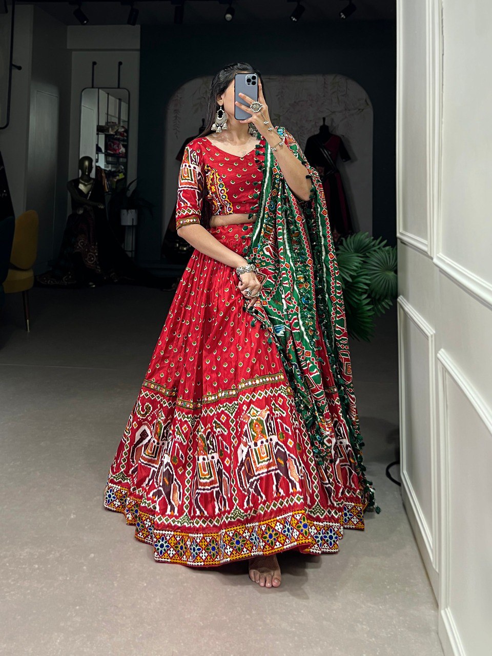 Lorenvalley Red Dola Silk Patola Print With Gamthi Work Lace Border Lehenga Choli with Dupatta | Swadesiicart