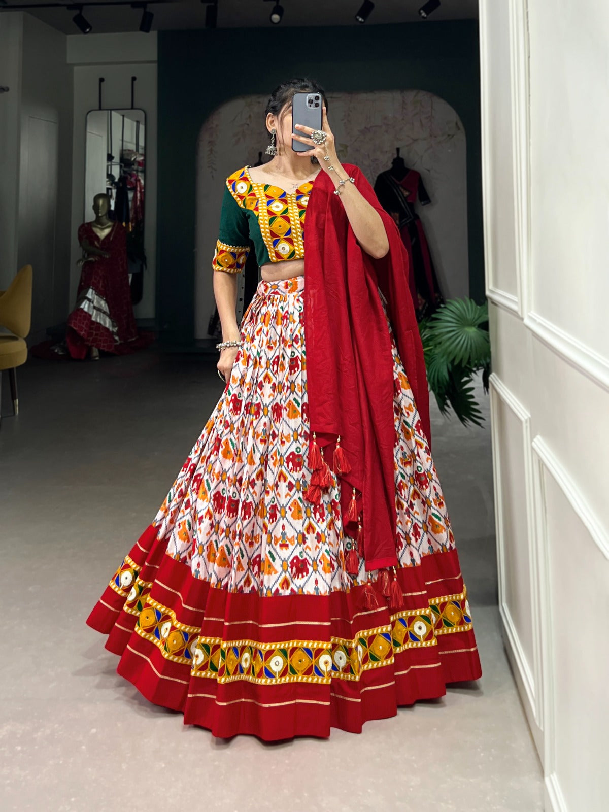 Lorenvalley Red Dola Silk and Cotton with Patola Print With Foil Work And Original Mirror Gamthi Lace Lehenga Choli | Swadesiicart