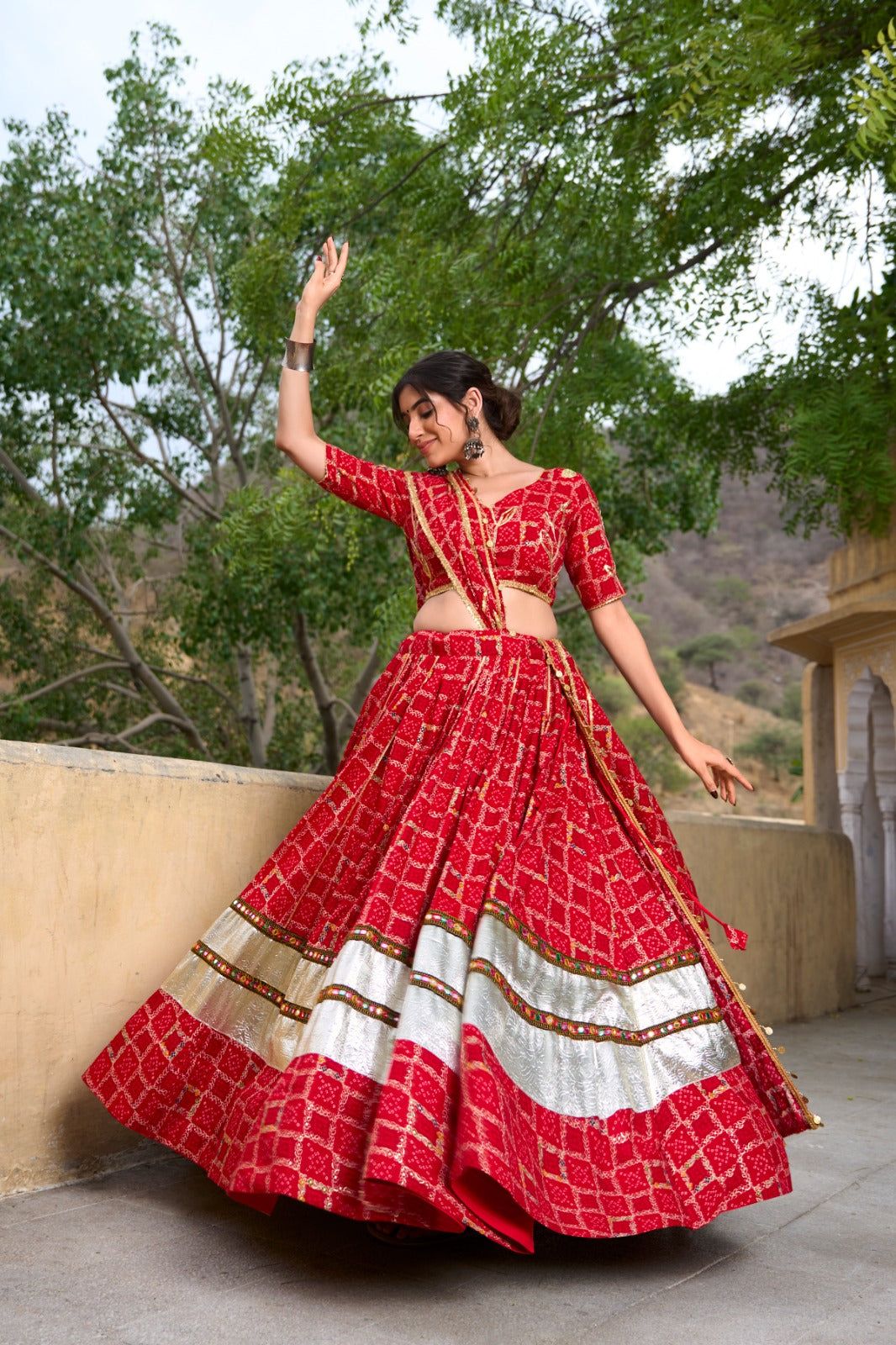 Lorenvalley Red Pure Rayon with Foil Printed With Gota Patti And Paper Mirror Work Lehenga Choli | Swadesiicart
