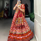 Lorenvalley Red Tussar Silk Patola Print With Foil Work And Original Mirror Gamthi Lace Lehenga Choli with Dupatta | Swadesiicart