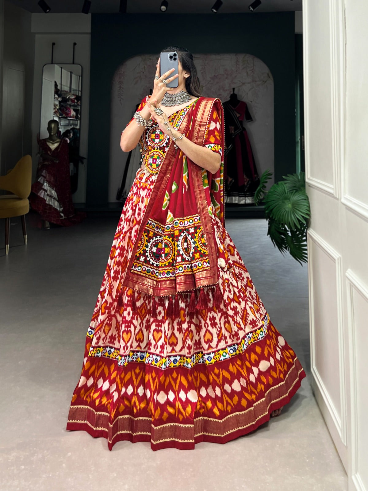 Lorenvalley Red Tussar Silk Patola Print With Foil Work And Original Mirror Gamthi Lace Lehenga Choli with Dupatta | Swadesiicart