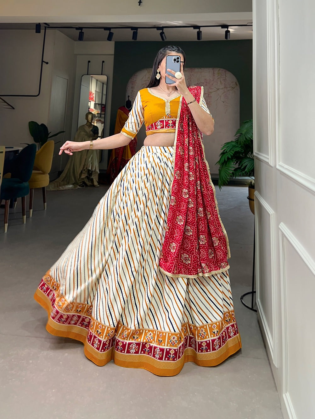 Lorenvalley White And Red Pure Cotton Leheriya With Patola Print Lehenga Choli With Dupatta | Swadesiicart