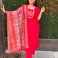 Lorenvalley Fashion Red Roman Silk Hand Work Kurta Pant with Dupatta | Swadesiicart