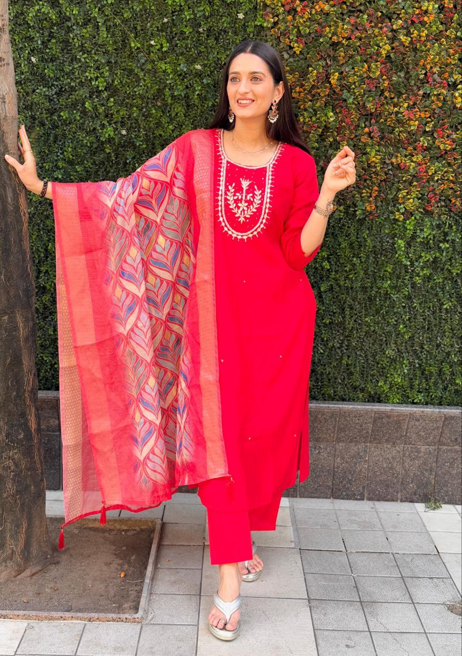 Lorenvalley Fashion Red Roman Silk Hand Work Kurta Pant with Dupatta | Swadesiicart