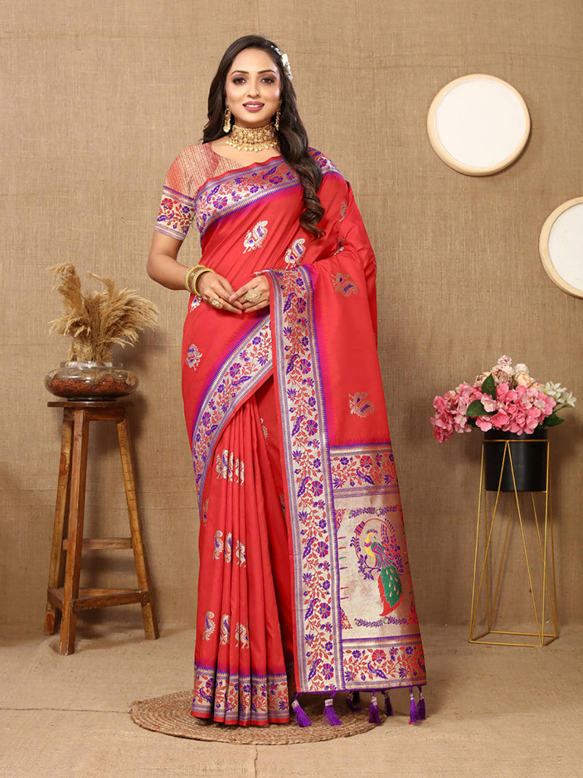 Lorenvalley Fashion Red Soft Paithani Silk Woven Design Rich Meenakari Zari Weaving Pallu Saree - Swadesiicart