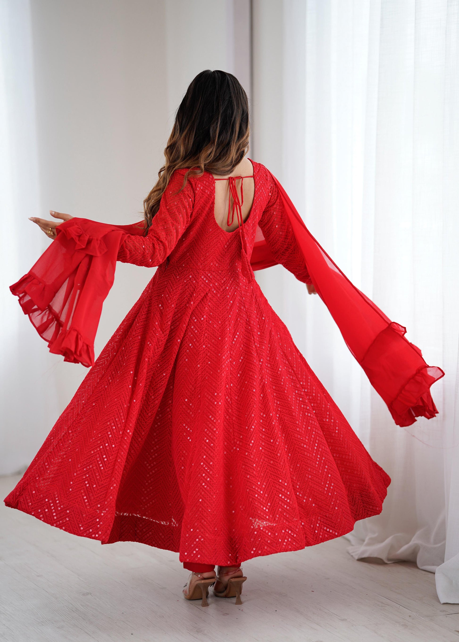 Lorenvalley Fashion Red Faux Georgette Lukhnowi Sequence Work Anarkali Kurta Pant With Dupatta Set - Swadesiicart