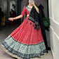 Lorenvalley Red Rayon with Bandhej And Ajarakh Print With Embossed Design Gota Lace Touch up Lehenga Choli | Swadesiicart