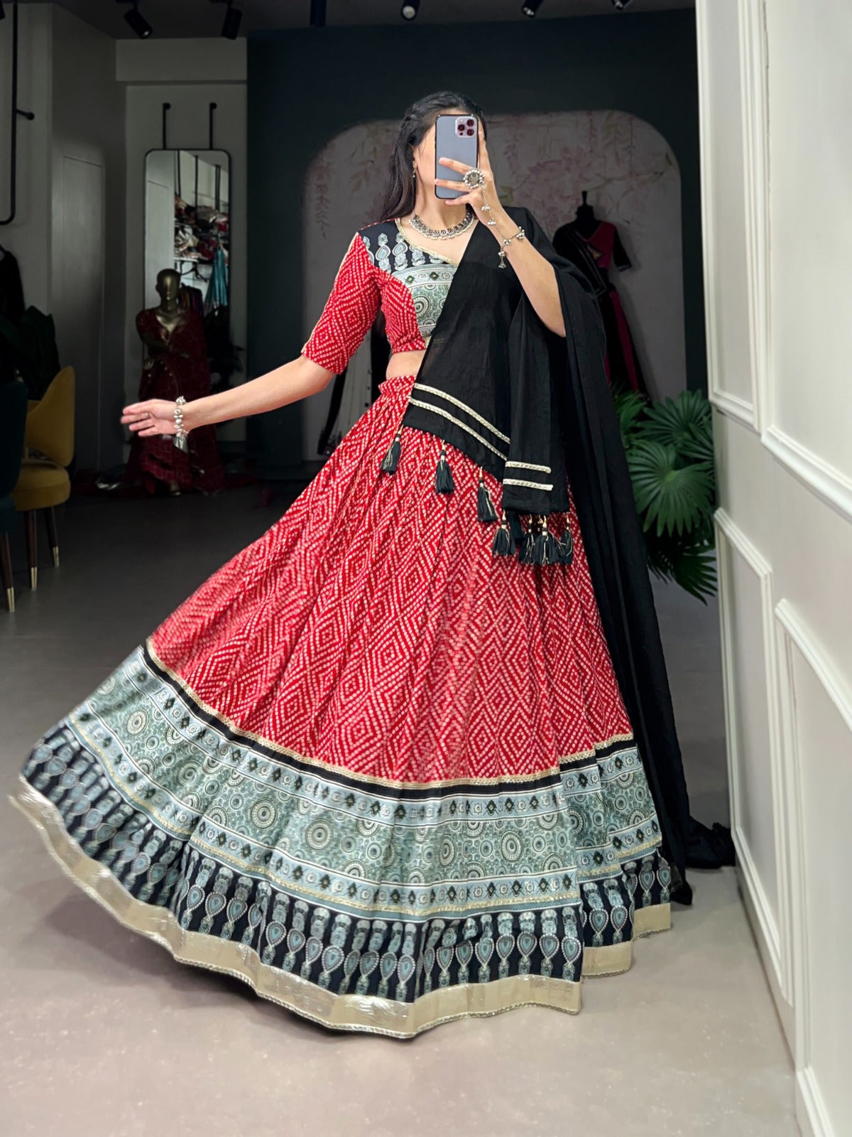 Lorenvalley Red Rayon with Bandhej And Ajarakh Print With Embossed Design Gota Lace Touch up Lehenga Choli | Swadesiicart