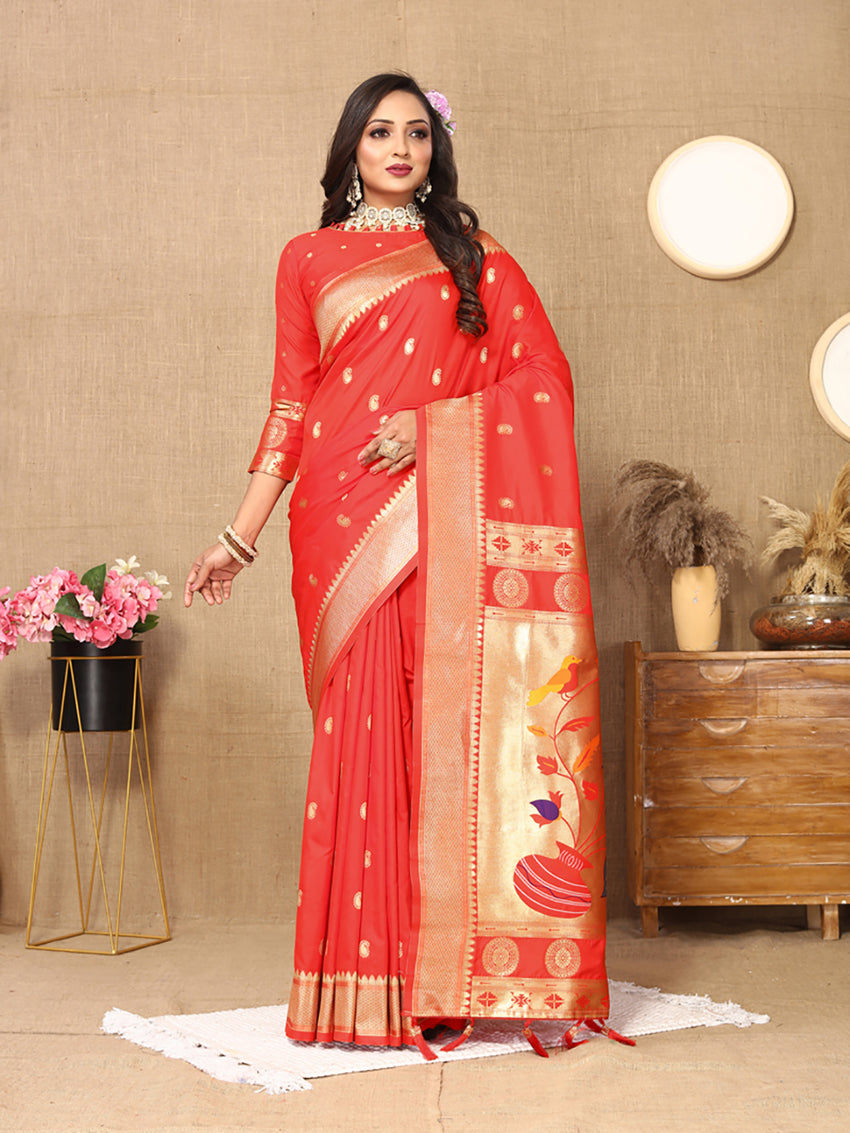 Lorenvalley Fashion Red Soft Paithani Silk Woven Design Rich Zari Meenakari Weaving Saree - Swadesiicart