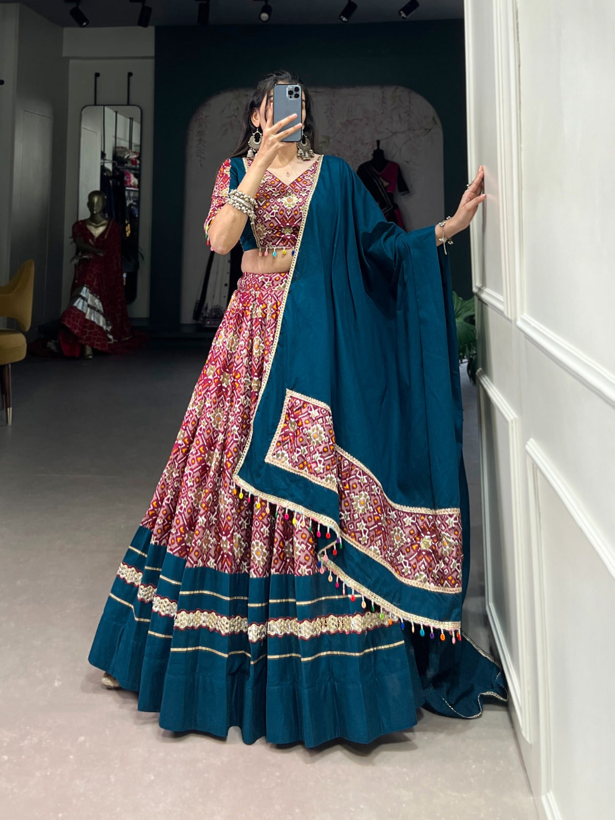 Lorenvalley Red Dola Silk and Rayon with Printed With Foil Work And Lace Touch Up Lehenga Choli | Swadesiicart