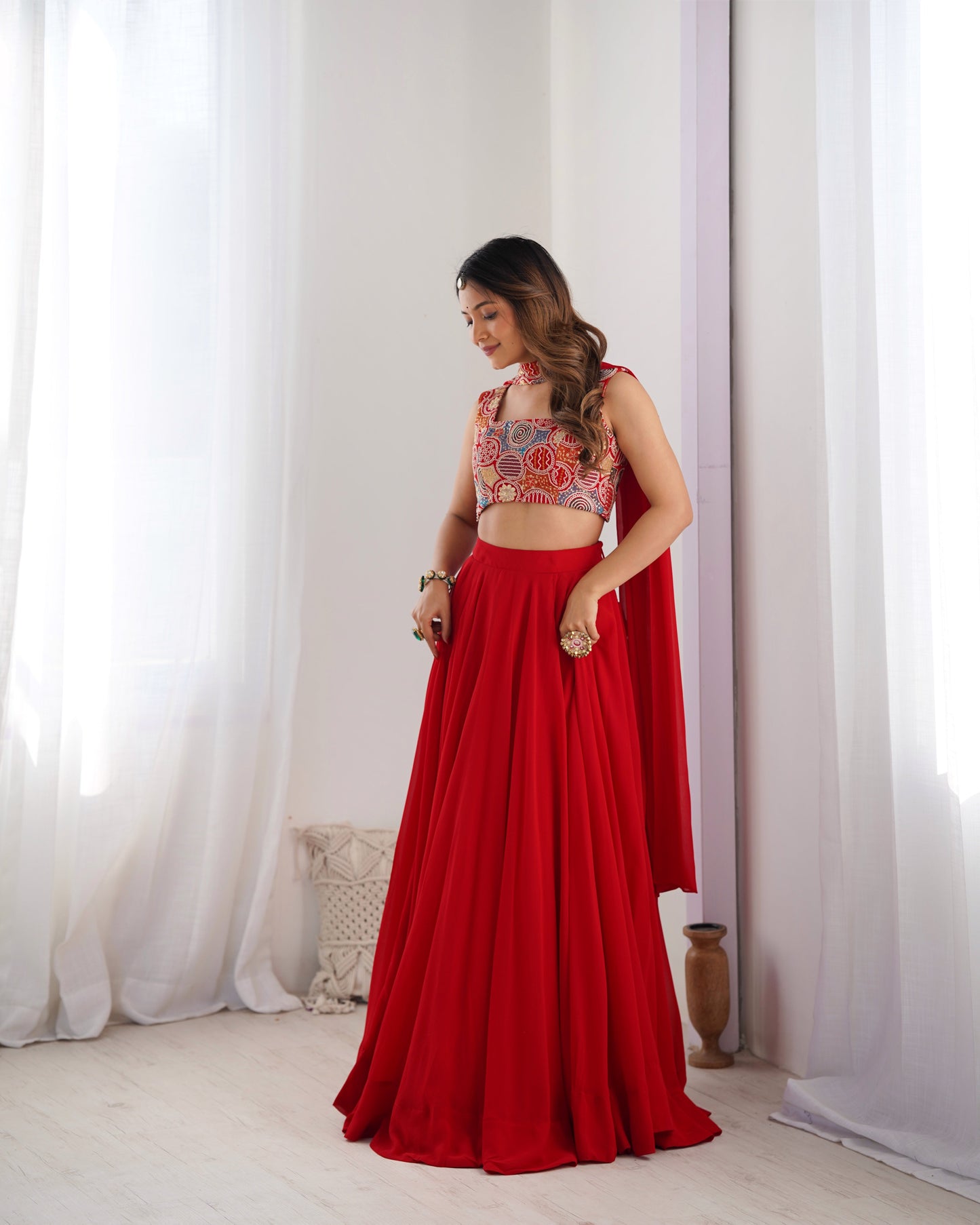 Lorenvalley Red Faux Georgette Stitched Lehenga Embroidery Blouse with Dupatta | Swadesiicart