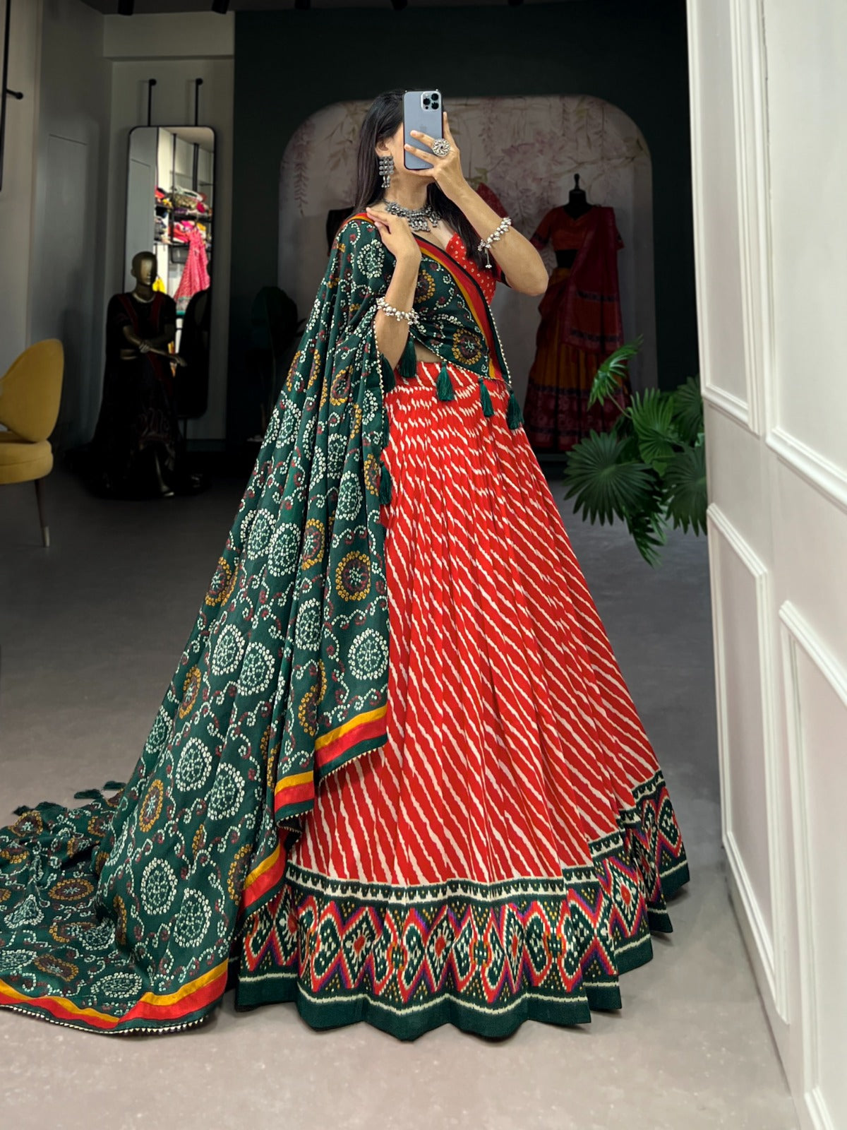Lorenvalley Red Tussar Silk Lehenga Leheriya Patola Print Border With Choli Bandhej Print With Bandhej Print Gotta Patti Lace Border Dupatta | Swadesiicart
