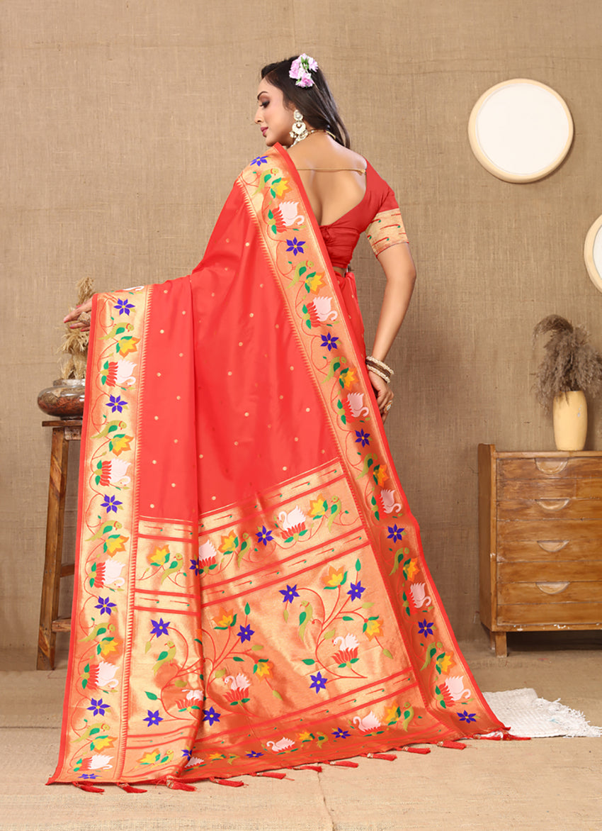 Lorenvalley Fashion Red Soft Paithani Silk Woven Design Rich Zari Meenakari Weaving Saree - Swadesiicart
