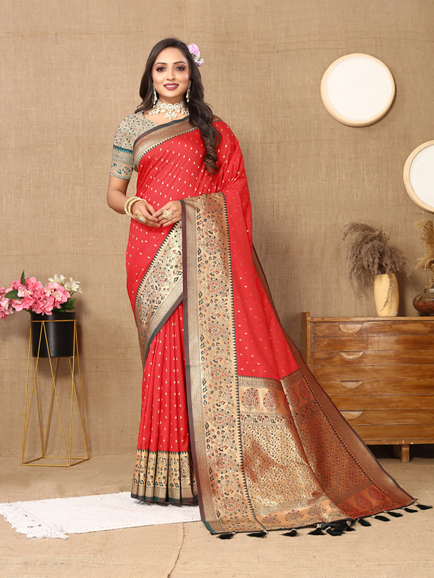 Lorenvalley Fashion Red Soft Silk weaving Design Rich Zari Weaving Saree - Swadesiicart