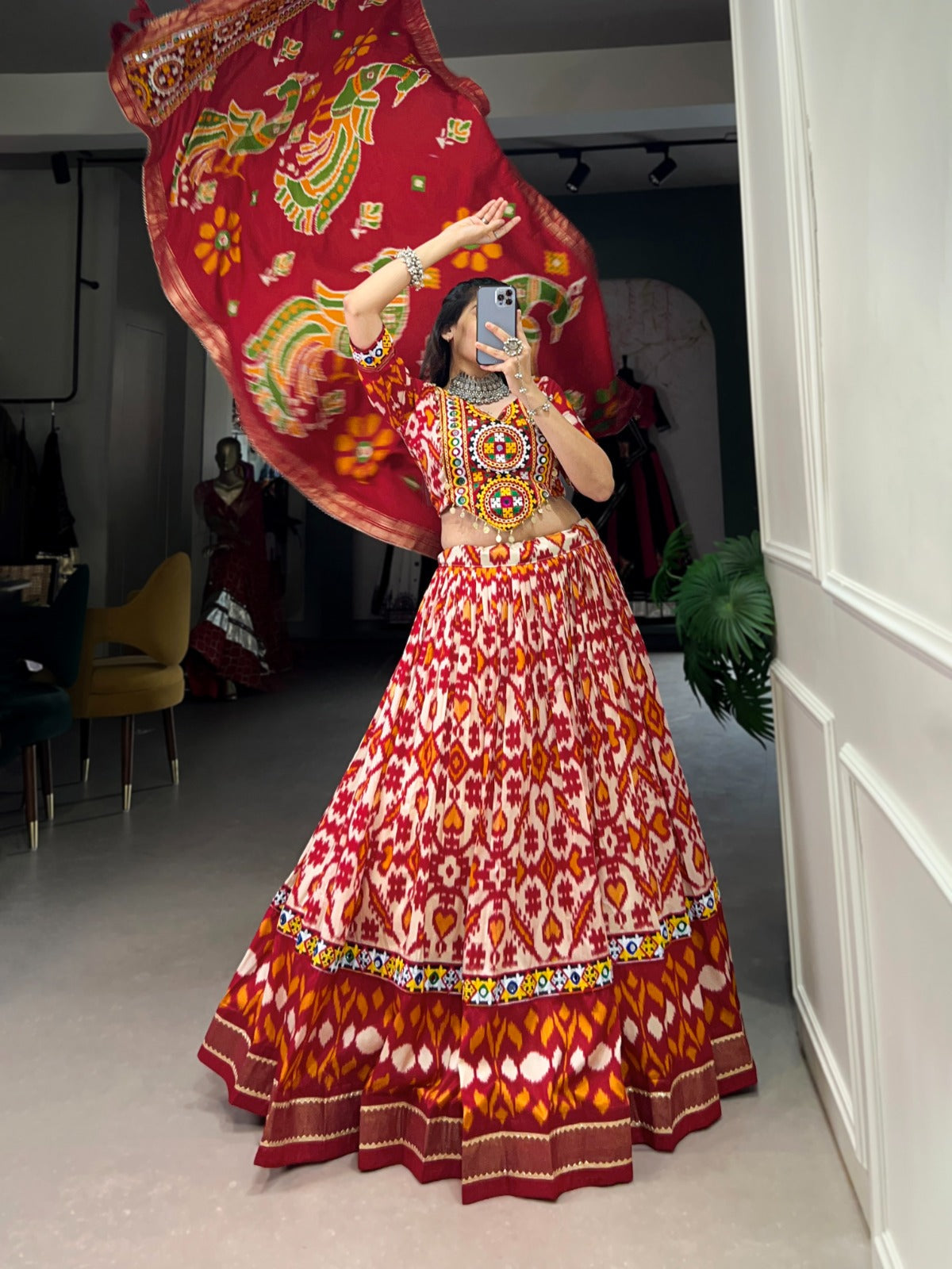 Lorenvalley Red Tussar Silk Patola Print With Foil Work And Original Mirror Gamthi Lace Lehenga Choli with Dupatta | Swadesiicart