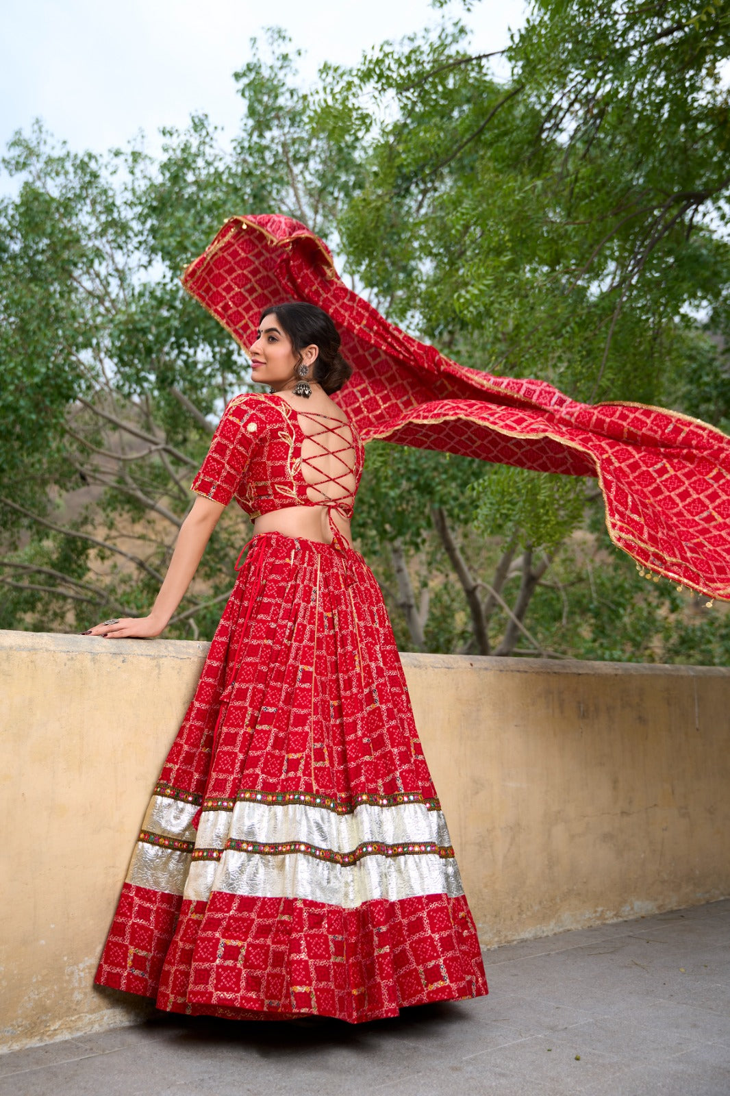 Lorenvalley Red Pure Rayon with Foil Printed With Gota Patti And Paper Mirror Work Lehenga Choli | Swadesiicart