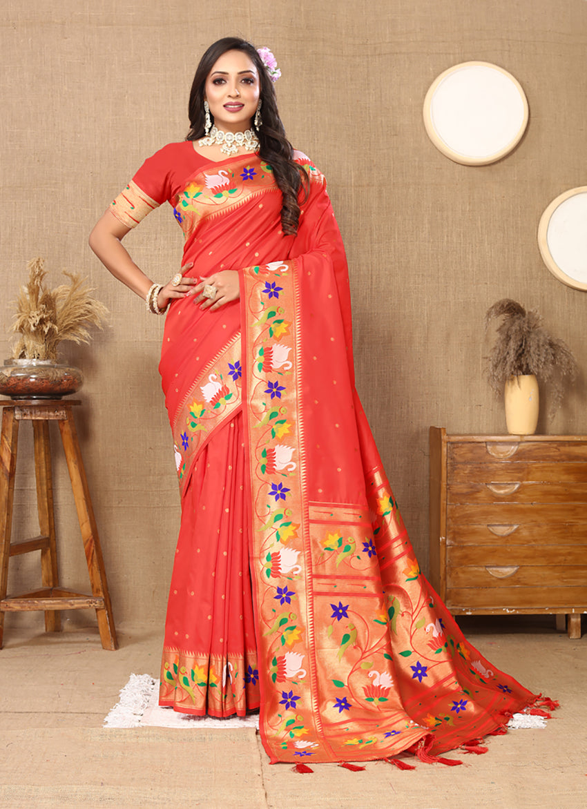 Lorenvalley Fashion Red Soft Paithani Silk Woven Design Rich Zari Meenakari Weaving Saree - Swadesiicart