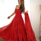 Lorenvalley Fashion Red Soft Chiffon Bandhej Fabric Print Fully Flair Anarkali With Pant Dupatta Set - Swadesiicart