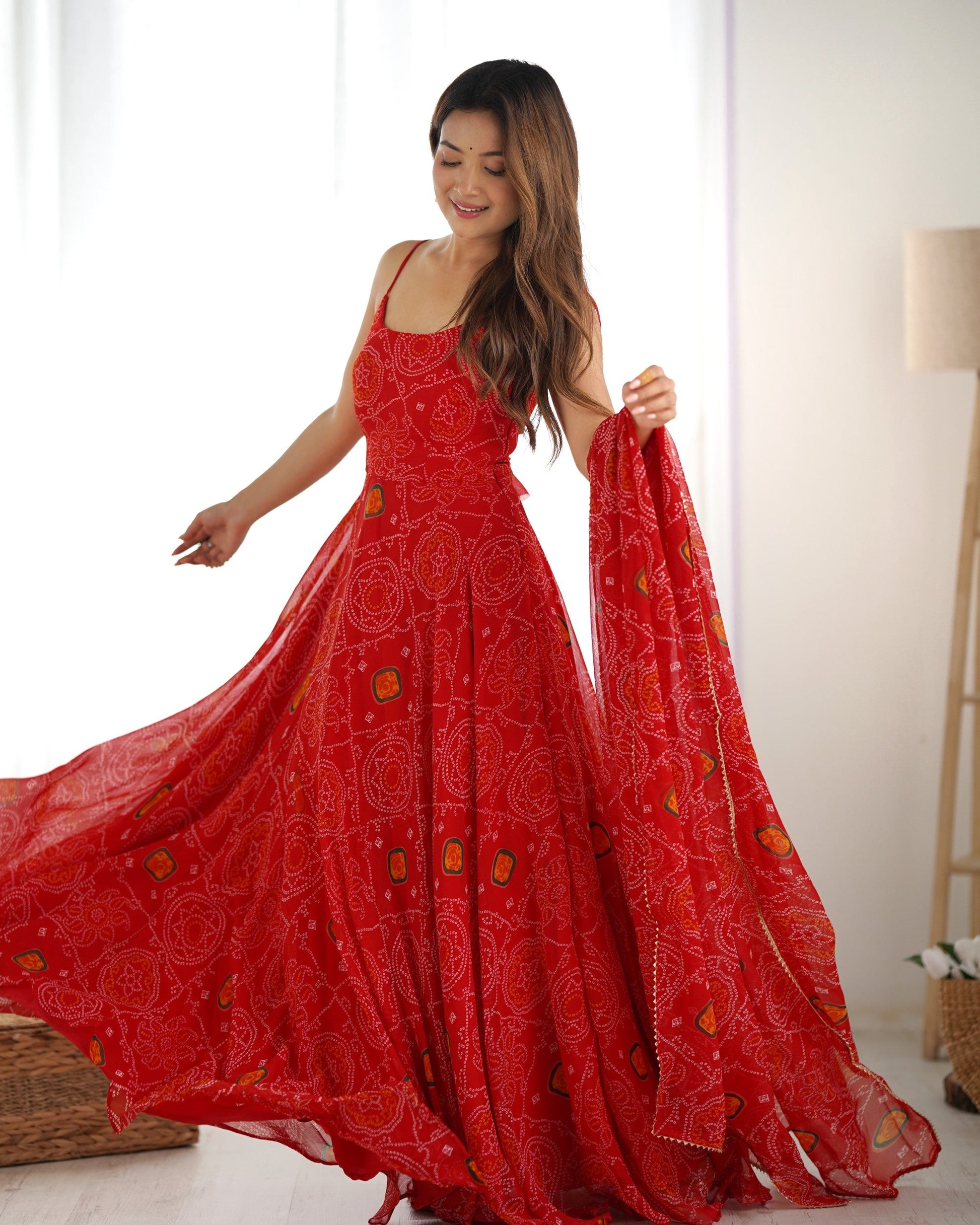 Lorenvalley Fashion Red Soft Chiffon Bandhej Fabric Print Fully Flair Anarkali With Pant Dupatta Set - Swadesiicart