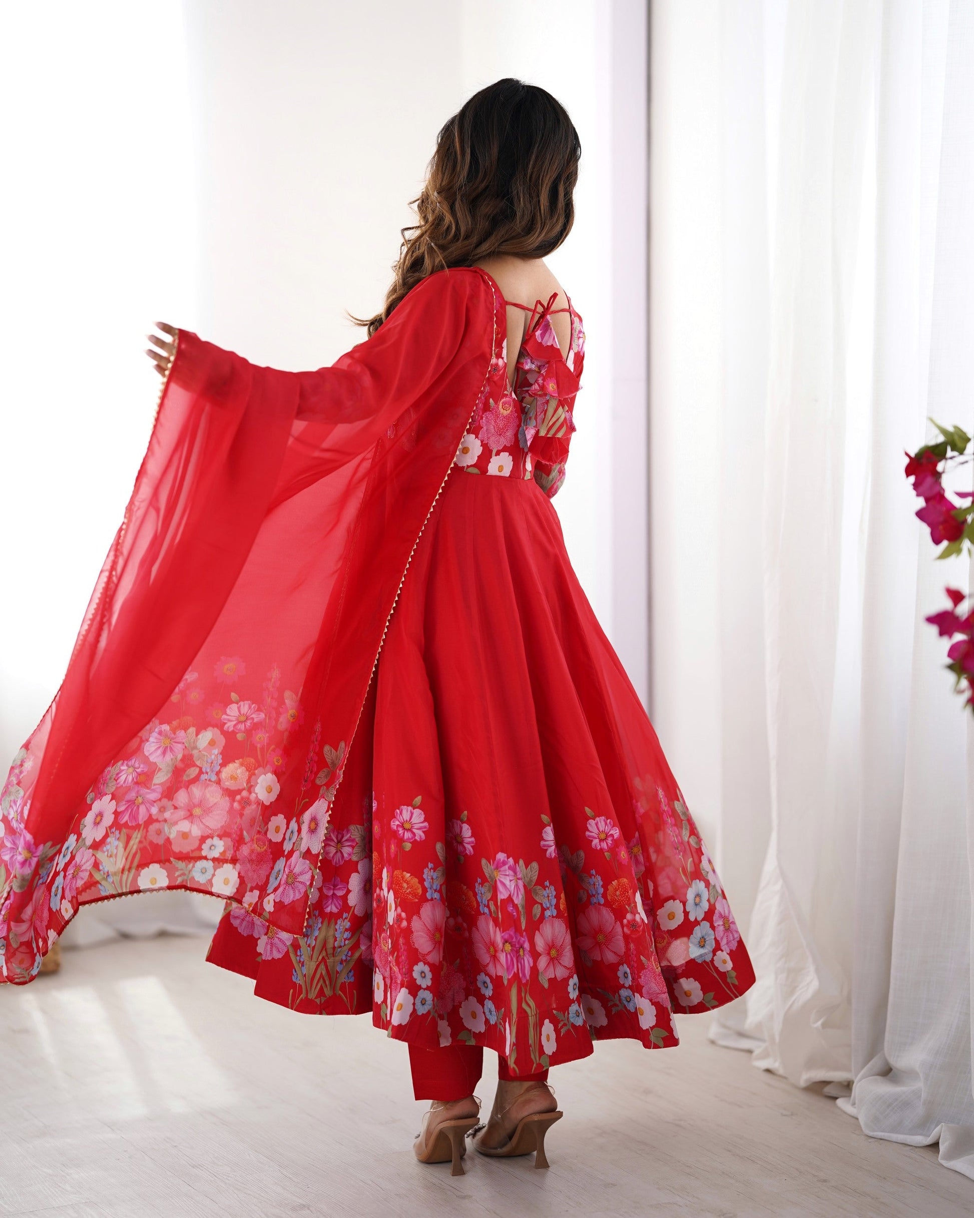 Lorenvalley Fashion Red Soft Organza Silk With Floral Print Fully Flared Anarkali Pant With Dupatta Set - Swadesiicart