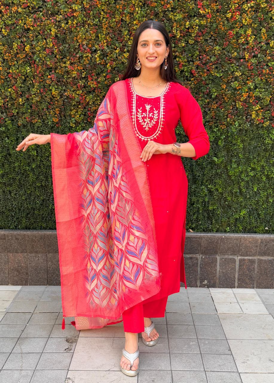 Lorenvalley Fashion Red Roman Silk Hand Work Kurta Pant with Dupatta | Swadesiicart