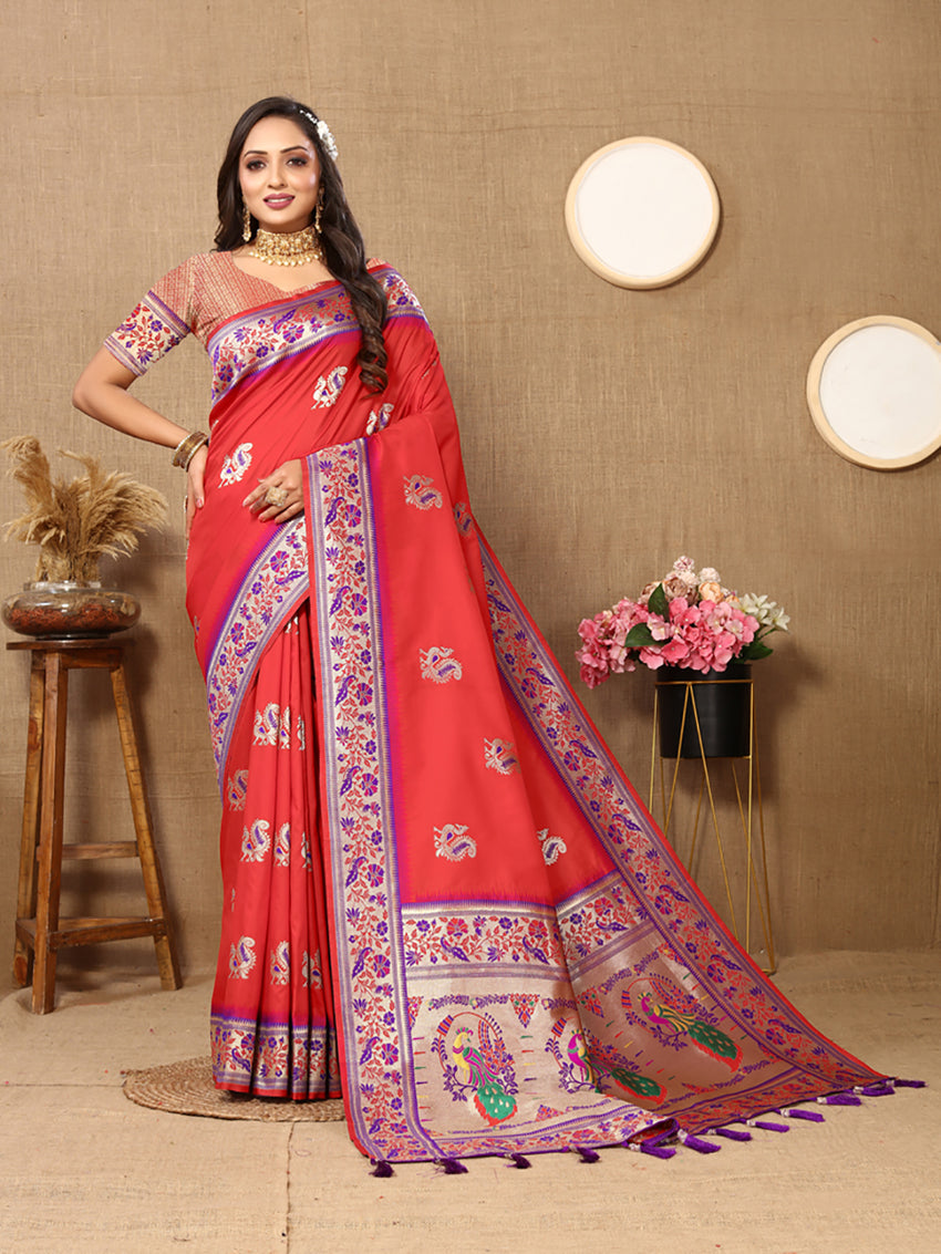 Lorenvalley Fashion Red Soft Paithani Silk Woven Design Rich Meenakari Zari Weaving Pallu Saree - Swadesiicart