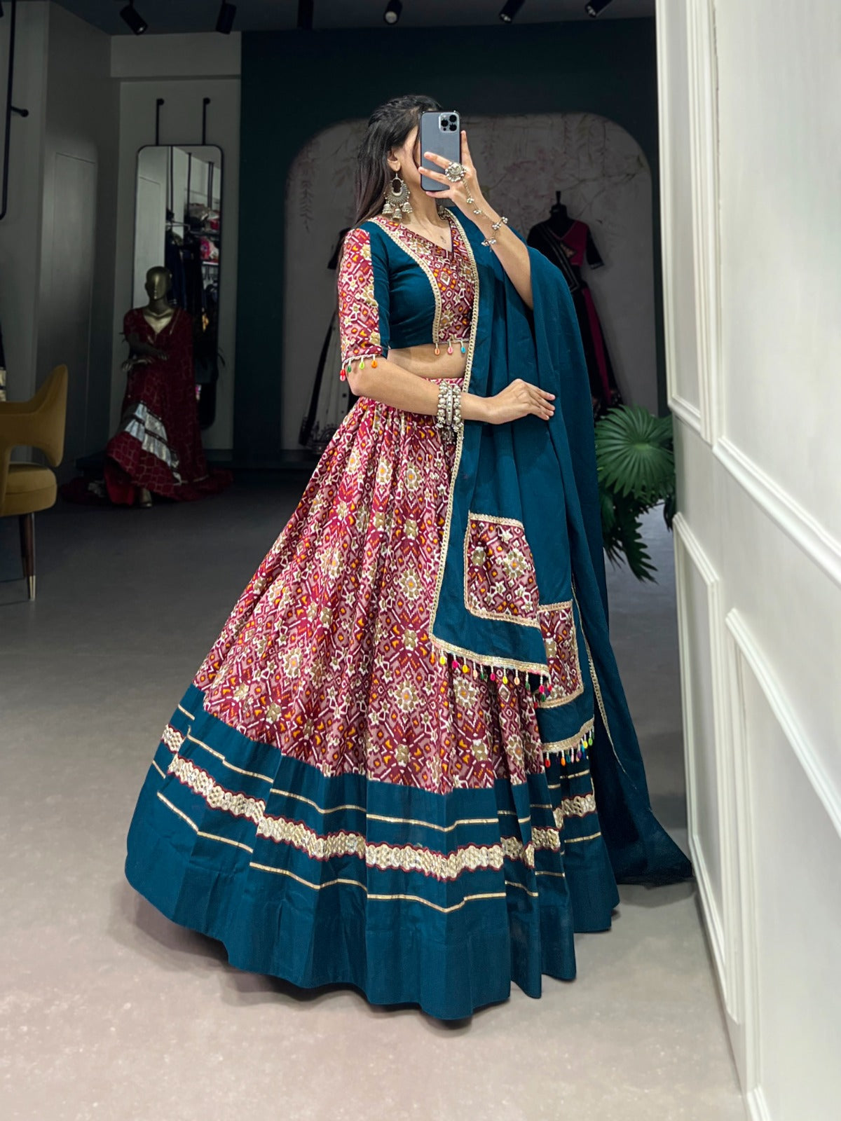 Lorenvalley Red Dola Silk and Rayon with Printed With Foil Work And Lace Touch Up Lehenga Choli | Swadesiicart