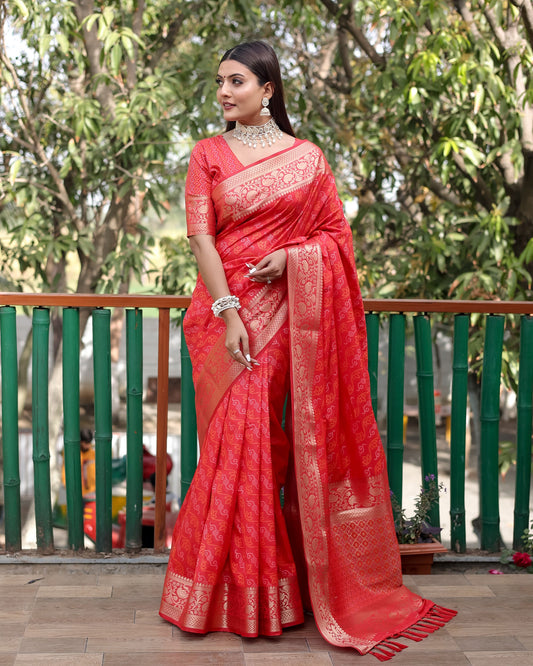 Lorenvalley Premium Bandhej Patola Silk Sarees with kanchi Borders and Contrast Zari Weaving borders Saree - Red - Swadesiicart
