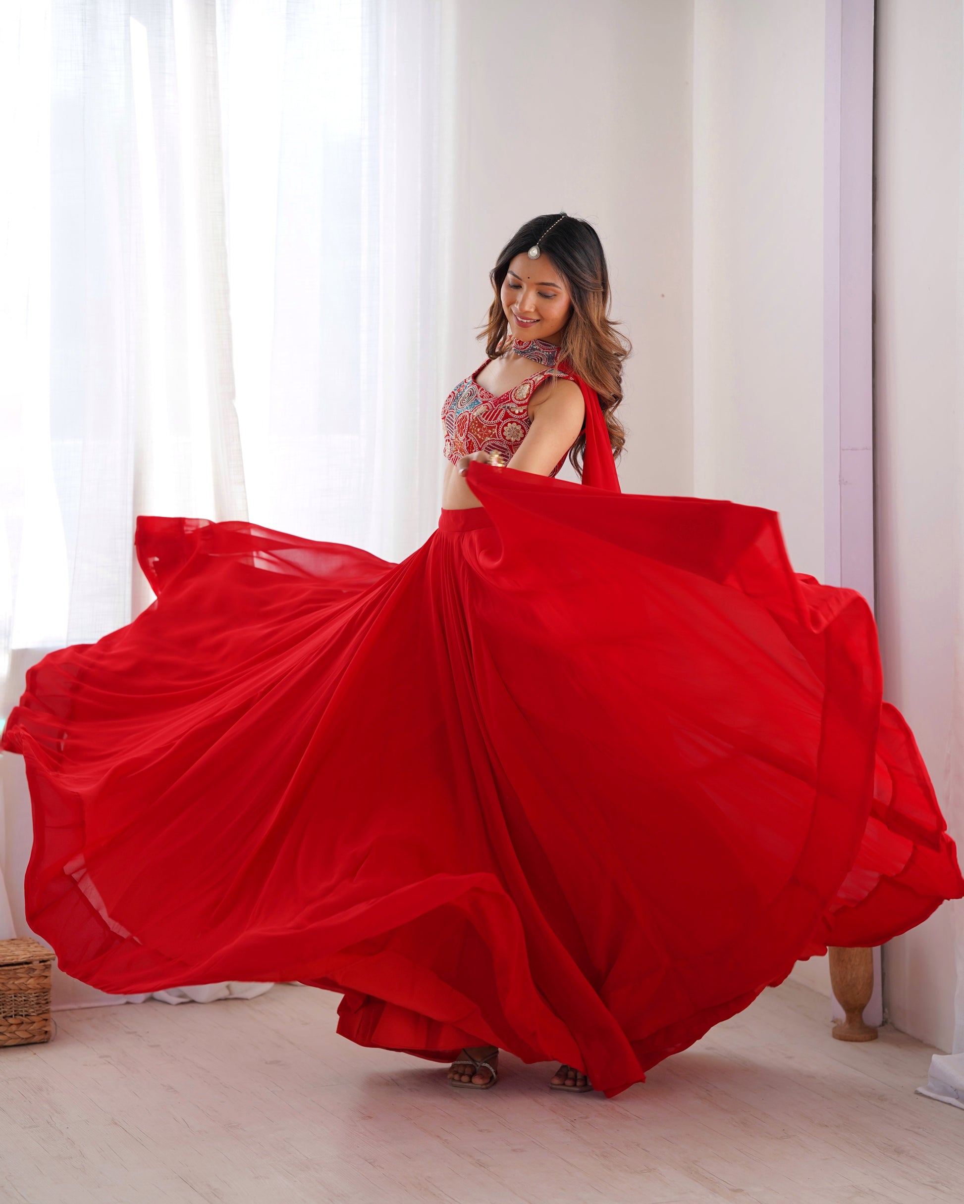 Lorenvalley Red Faux Georgette Stitched Lehenga Embroidery Blouse with Dupatta | Swadesiicart