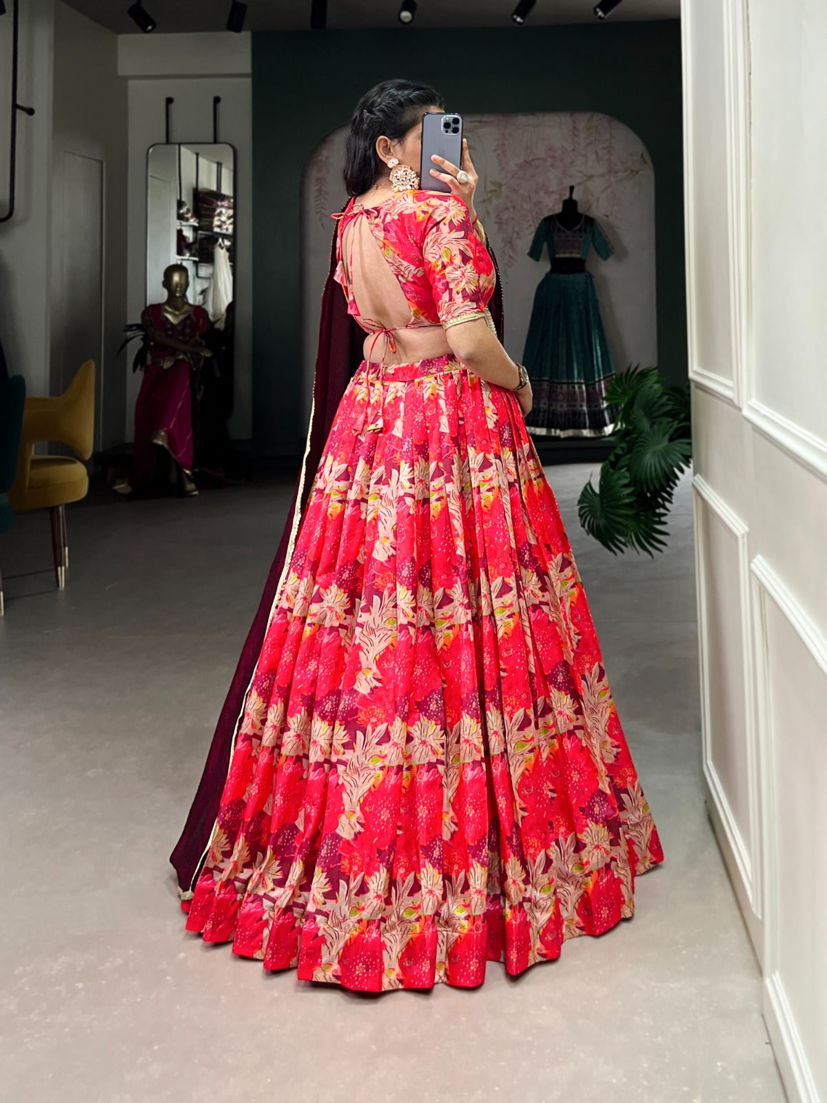 Lorenvalley Red Tussar Silk Printed Lehenga Choli | Swadesiicart