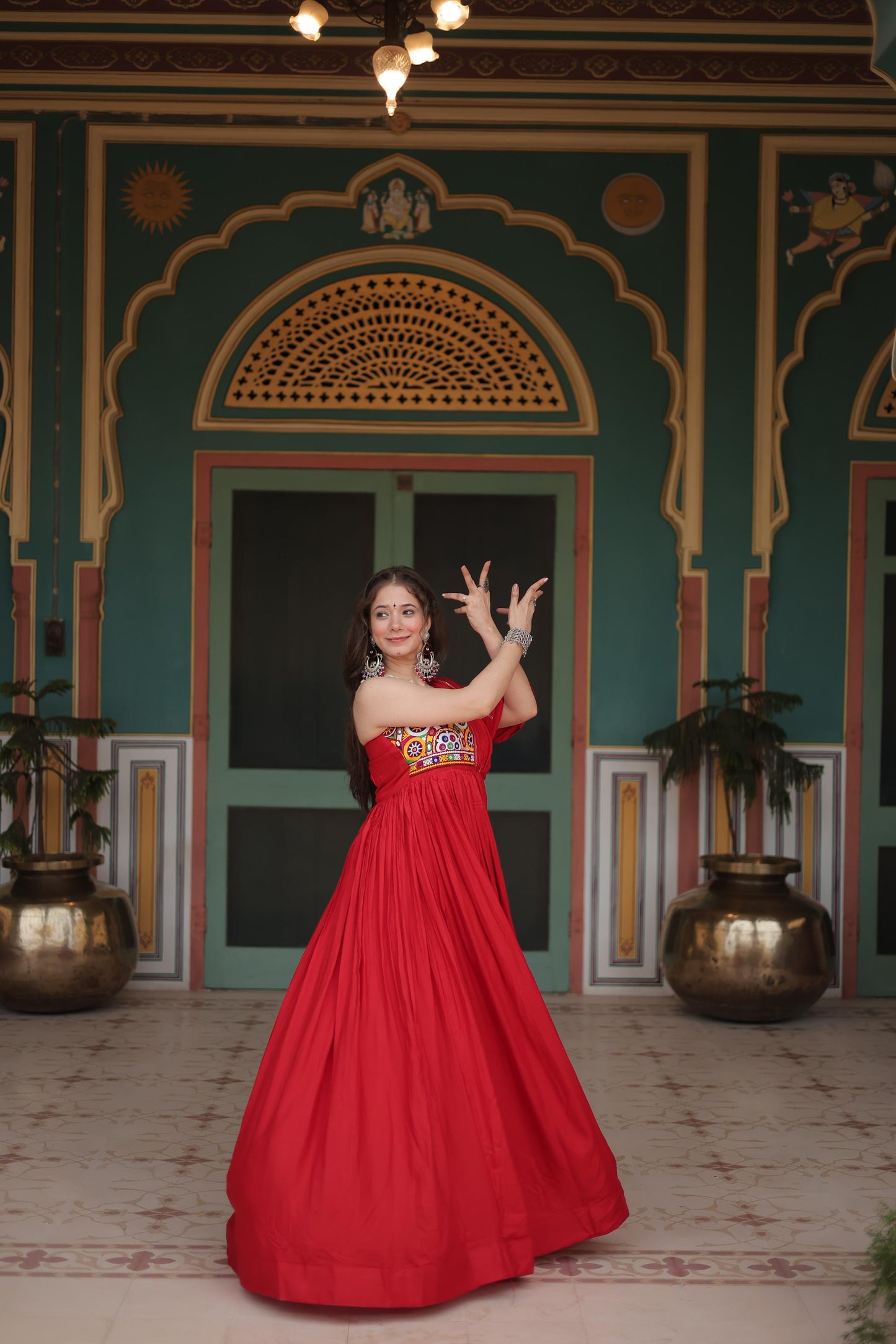 Lorenvalley Red Rayon Fabric with Designer Lace Gown | Swadesiicart
