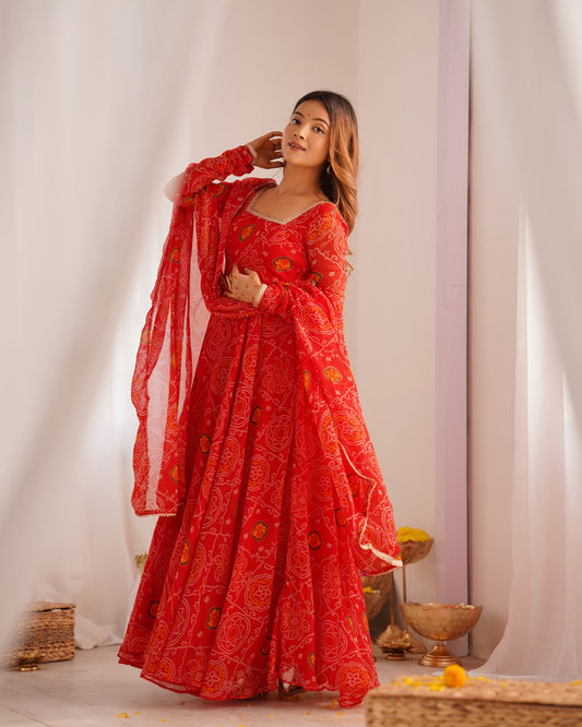Lorenvalley Women Soft Lightweight Chiffon Bandhej Print Fabric Anarkali Kurta Pant With Dupatta Set - Swadesiicart
