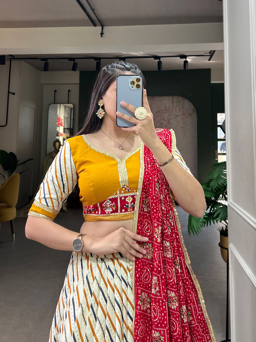 Lorenvalley White And Red Pure Cotton Leheriya With Patola Print Lehenga Choli With Dupatta | Swadesiicart