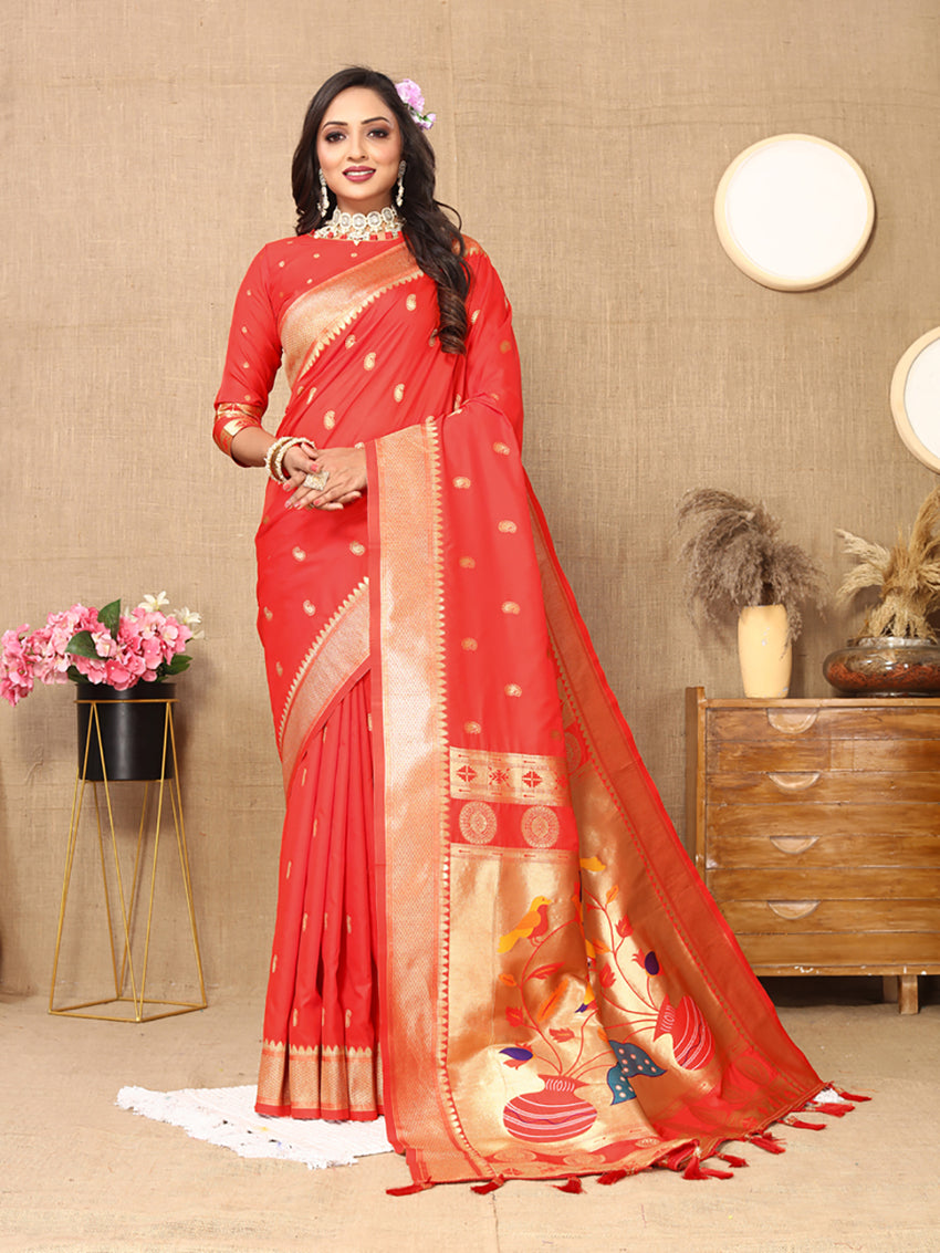 Lorenvalley Fashion Red Soft Paithani Silk Woven Design Rich Zari Meenakari Weaving Saree - Swadesiicart
