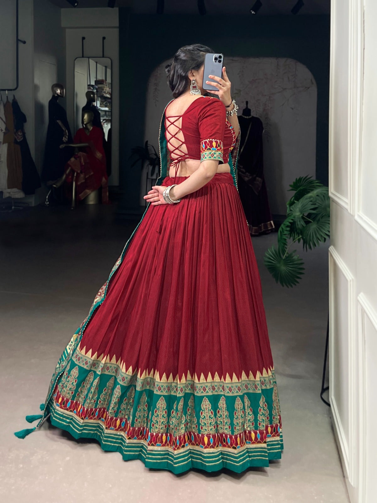 Lorenvalley Fashion Red Tasar Silk Print with Foil Work and Real Mirror Gamthi Work with Lace Touch Up Lehenga Choli with Dupatta | Swadesiicart