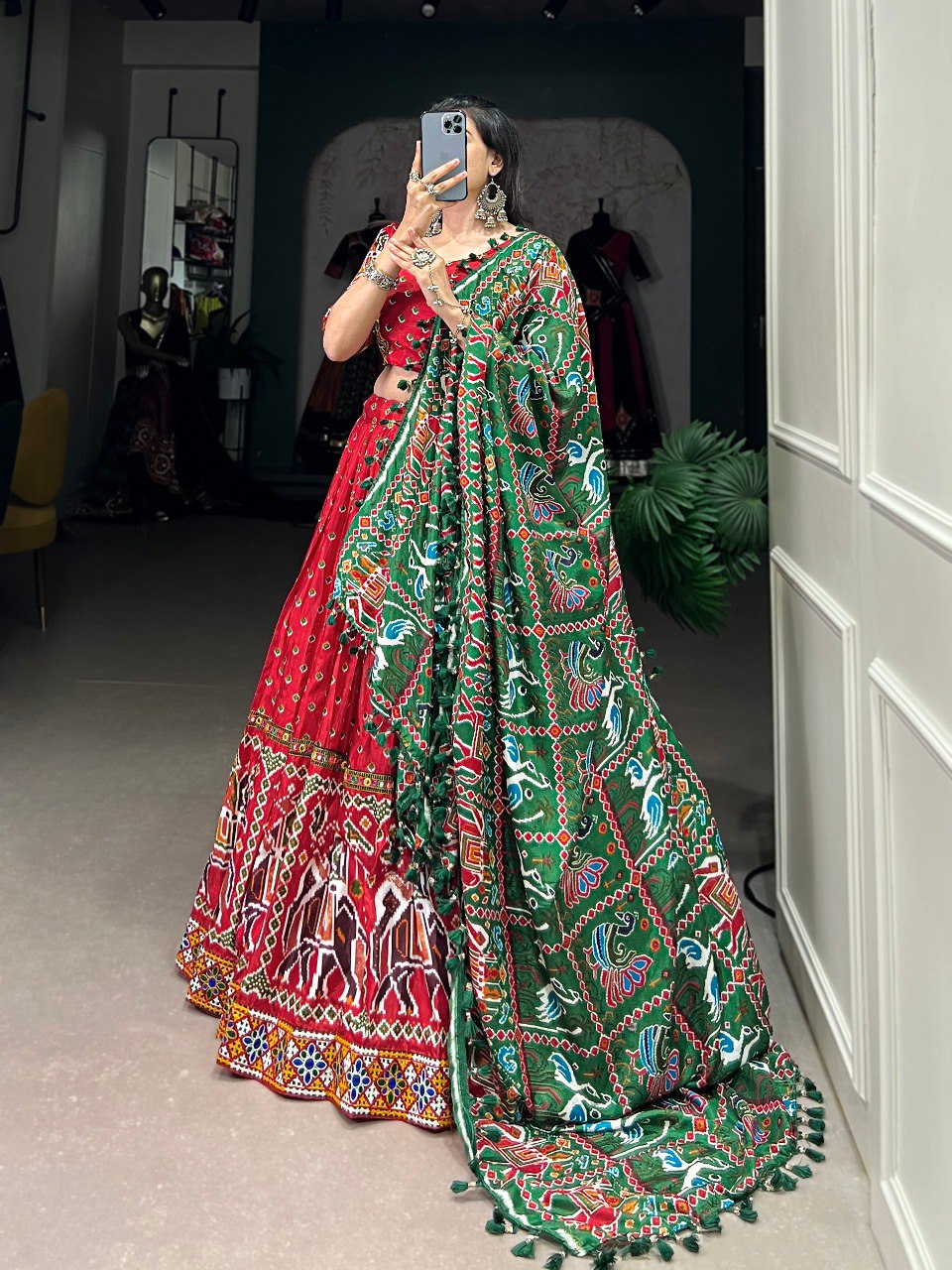 Lorenvalley Red Dola Silk Patola Print With Gamthi Work Lace Border Lehenga Choli with Dupatta | Swadesiicart