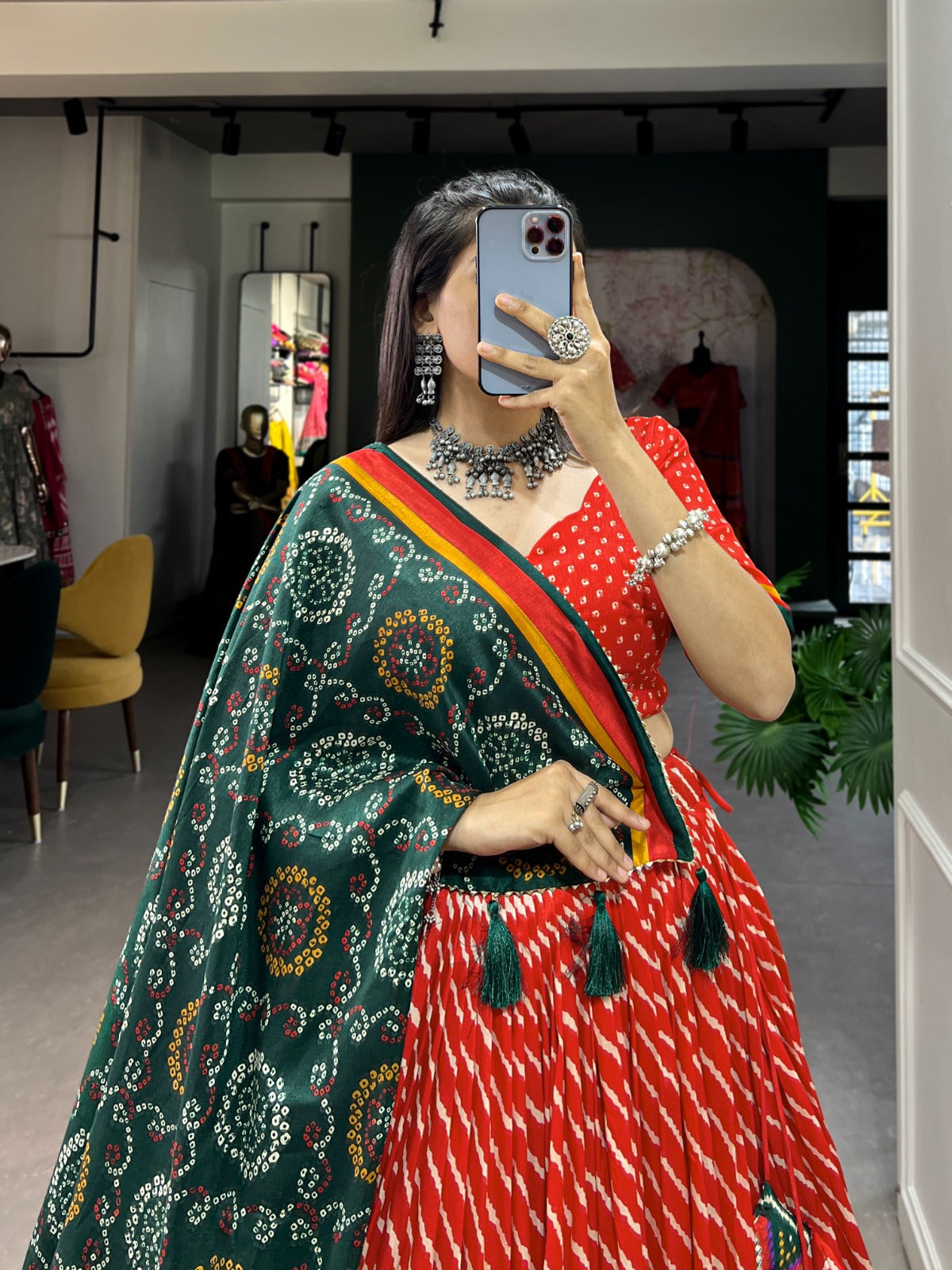 Lorenvalley Red Tussar Silk Lehenga Leheriya Patola Print Border With Choli Bandhej Print With Bandhej Print Gotta Patti Lace Border Dupatta | Swadesiicart