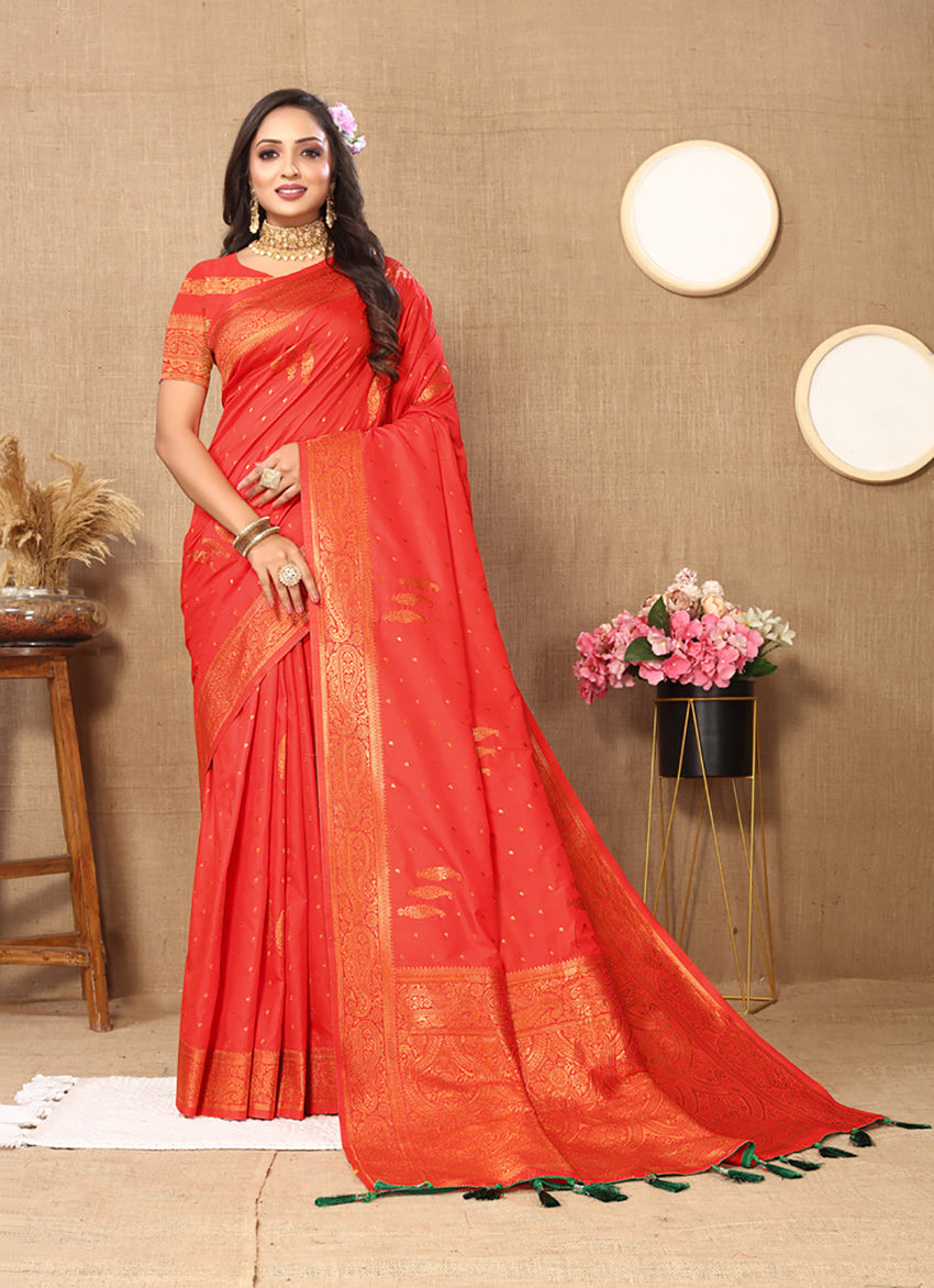 Lorenvalley Fashion Red Soft Silk Copper Zari weaving Design Saree - Swadesiicart