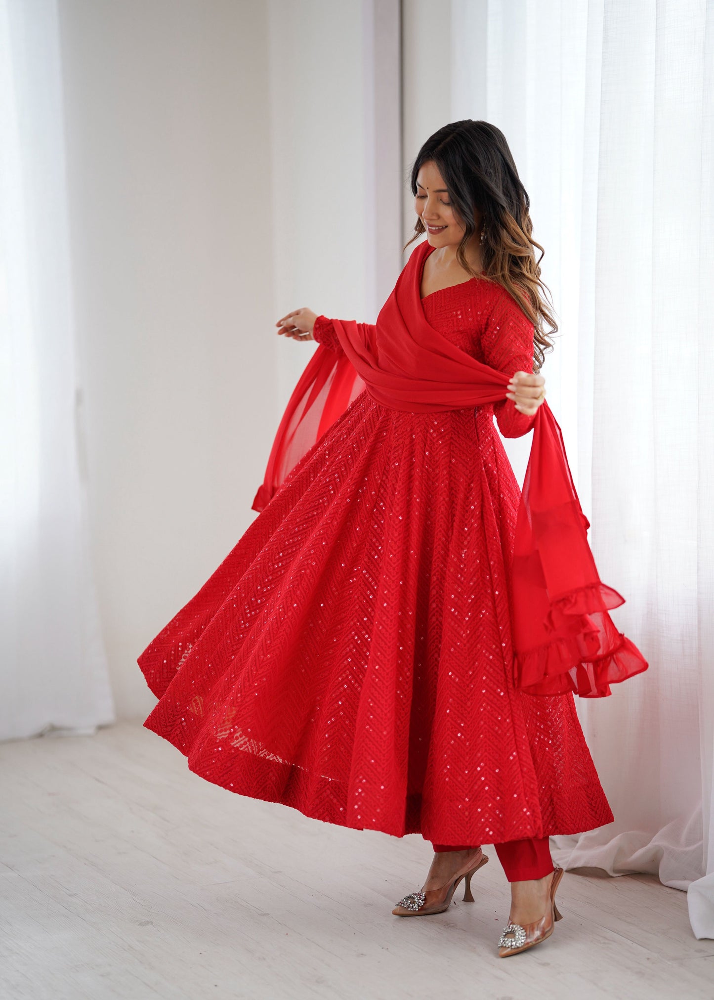 Lorenvalley Fashion Red Faux Georgette Lukhnowi Sequence Work Anarkali Kurta Pant With Dupatta Set - Swadesiicart