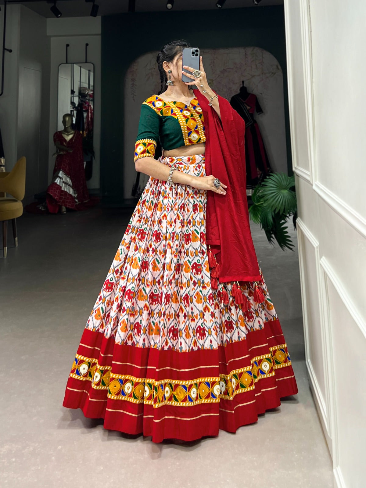 Lorenvalley Red Dola Silk and Cotton with Patola Print With Foil Work And Original Mirror Gamthi Lace Lehenga Choli | Swadesiicart