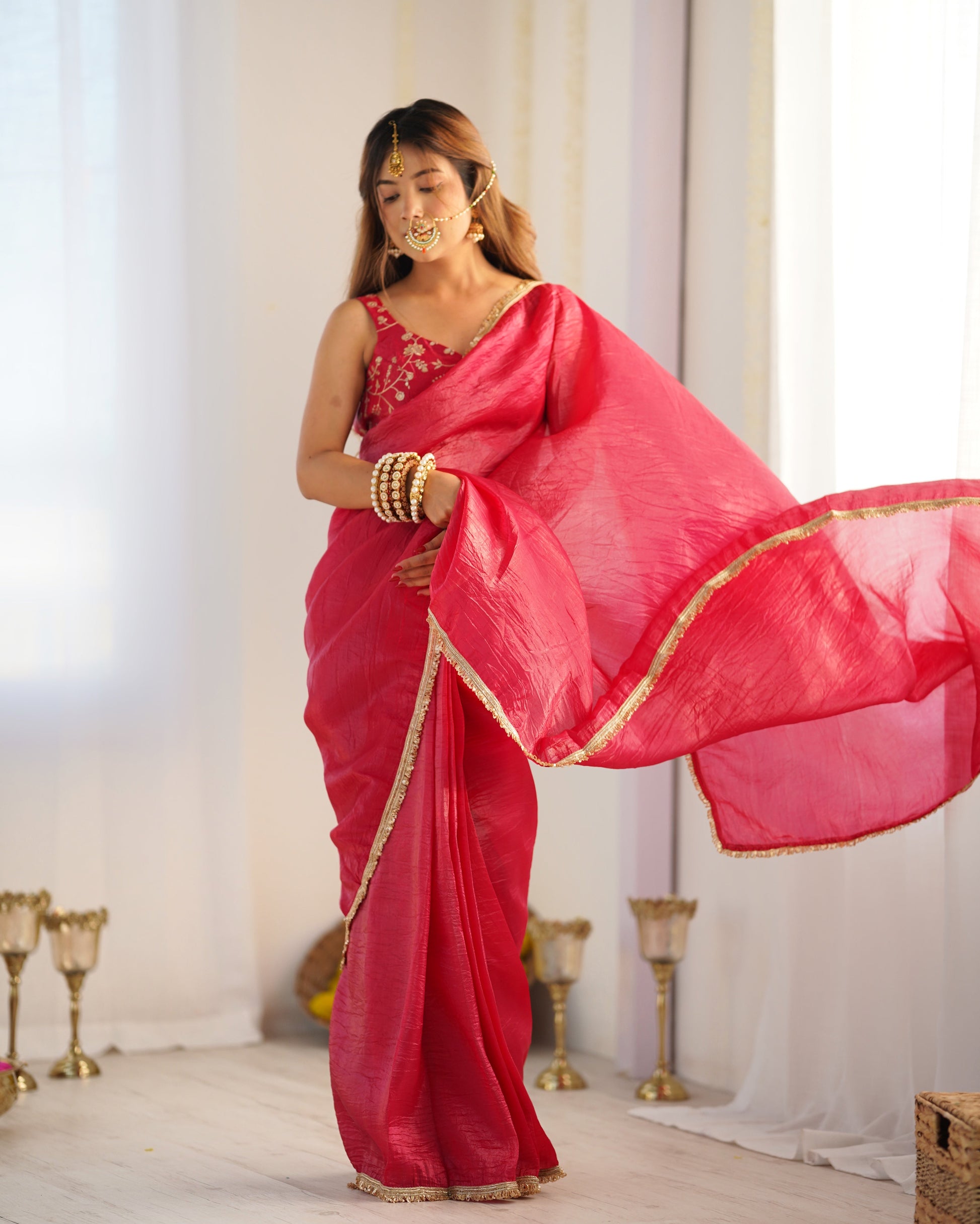 Lorenvalley Ready to wear Crush Tissue Silk Fabric Fancy Boarder Premium Lace Work Predrapped Saree - Red | Swadesiicart